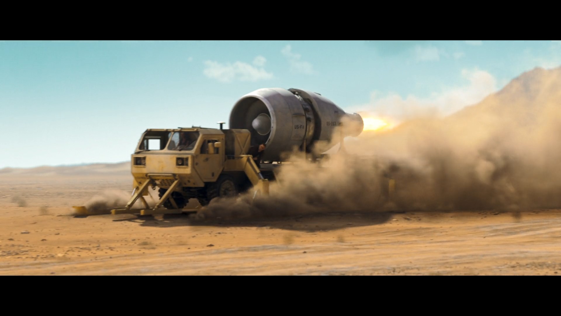 A jet engine propelled military truck